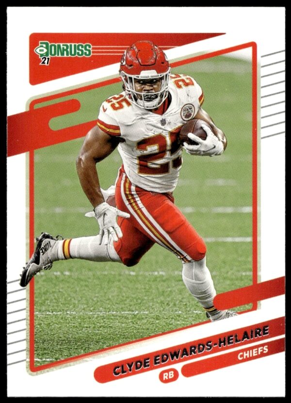 Front of 2021 Donruss card featuring Clyde Edwards-Helaire in Kansas City Chiefs uniform.