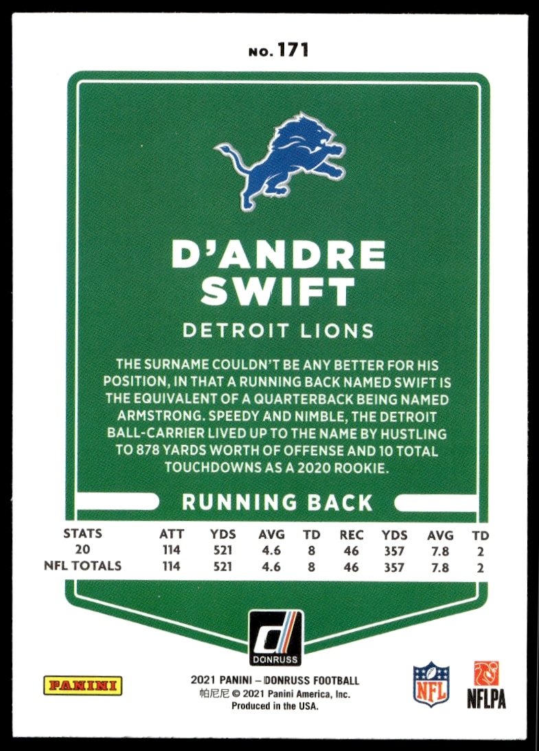Back of 2021 Donruss DAndre Swift football card #171, showing stats and career highlights.