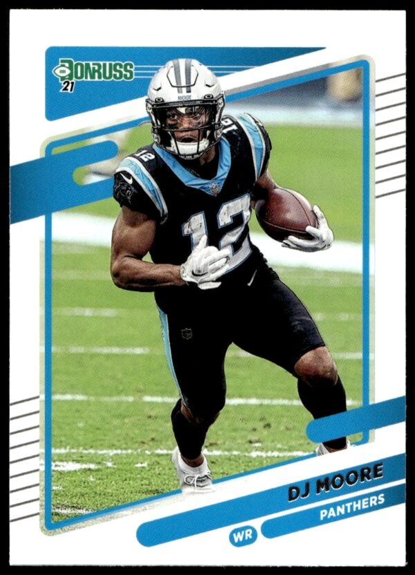 DJ Moore 2021 Donruss Football Card #220 showing him in action in Panthers uniform.