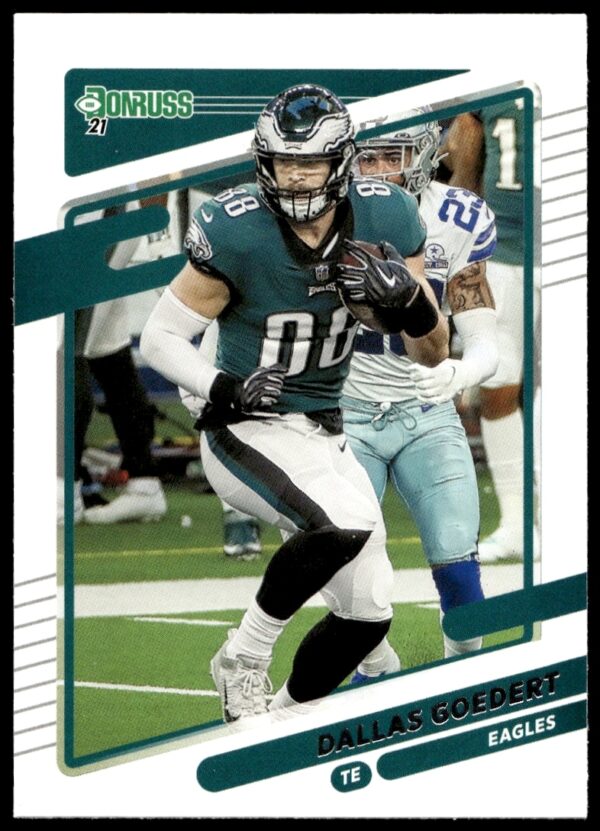 Dallas Goedert 2021 Donruss Football Card #111, Philadelphia Eagles tight end action shot.
