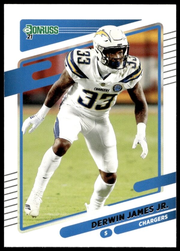 Derwin James Jr. 2021 Donruss card #74 showcasing Chargers safety in action.