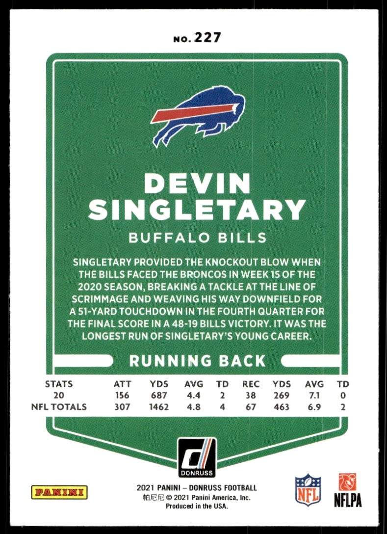 Back of 2021 Donruss Devin Singletary card #227 showing player stats and highlights.