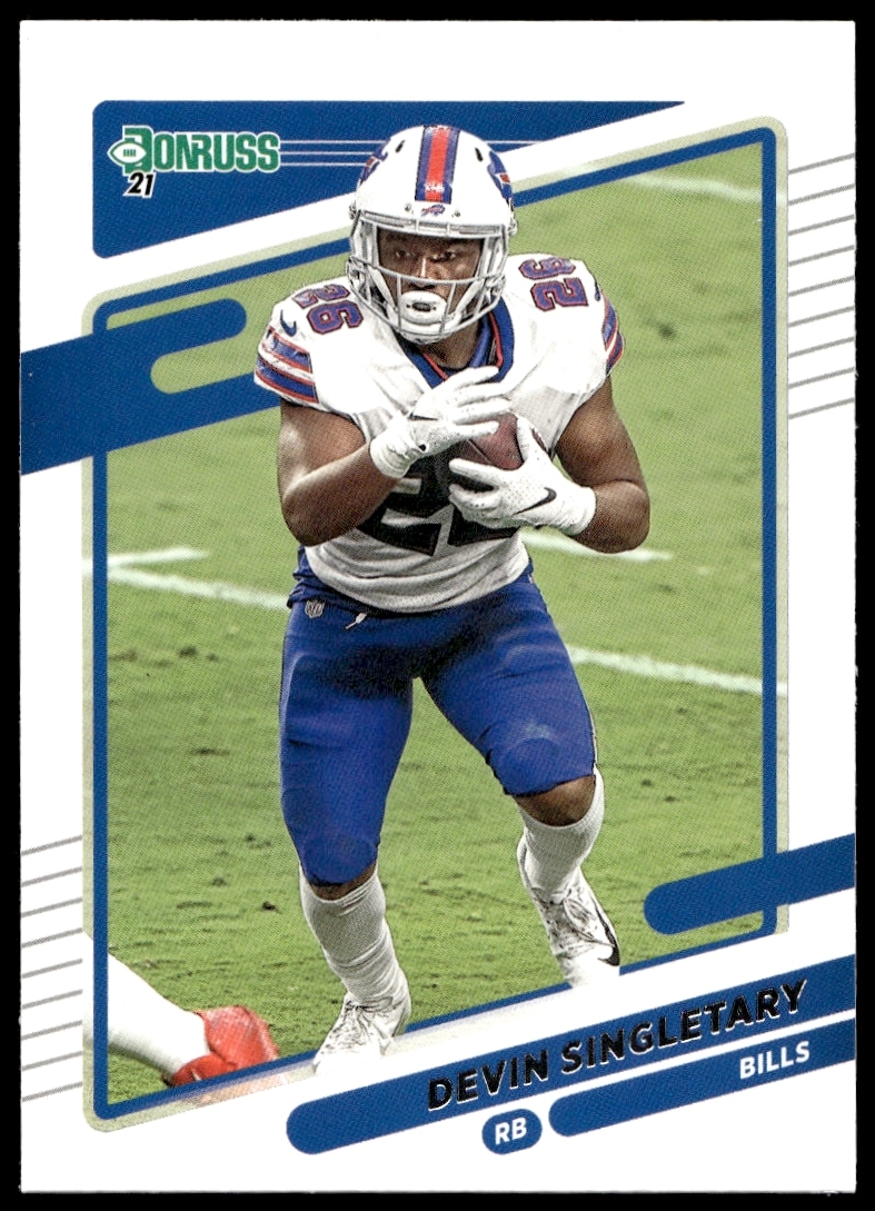 Devin Singletary 2021 Donruss Football Card #227, front view, Buffalo Bills running back.
