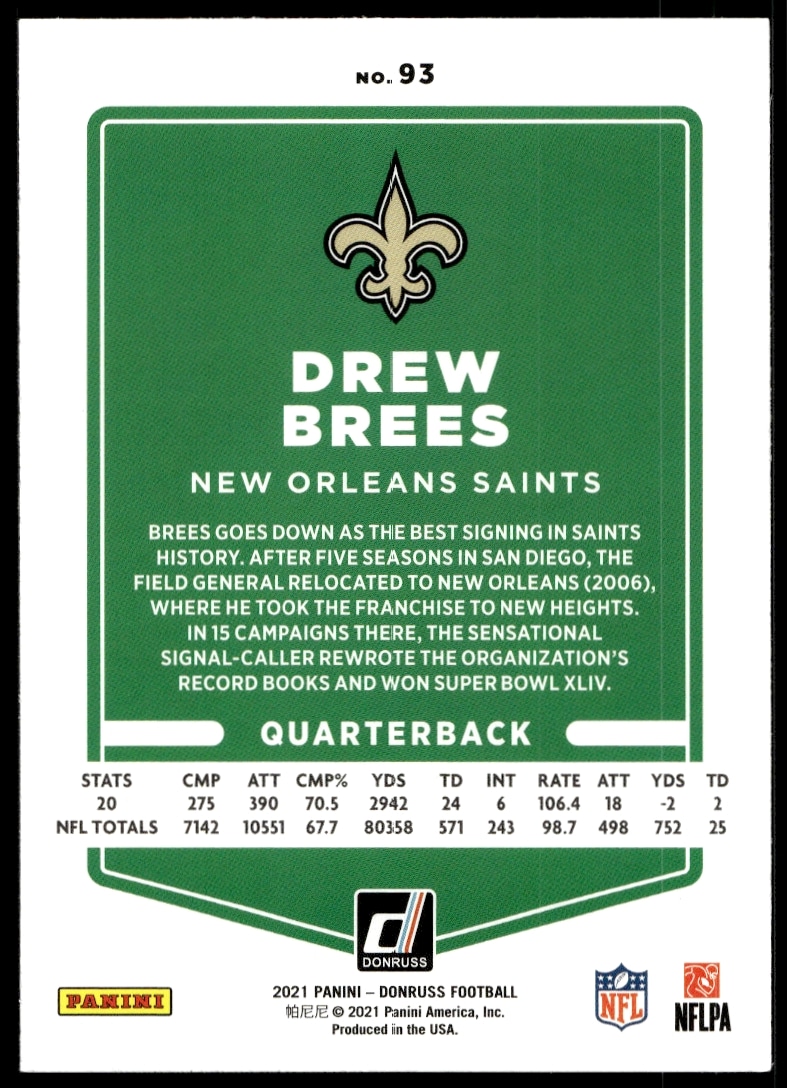 Back of 2021 Donruss card featuring Drew Brees career stats and achievements.