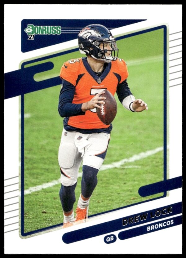 Front view of 2021 Donruss Drew Lock football card, number 179, showcasing action pose.