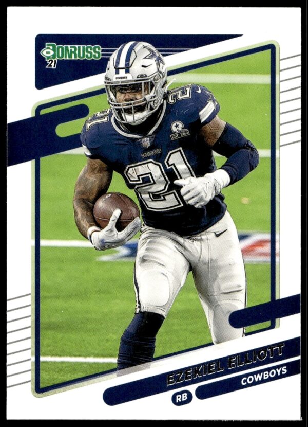 Front view of 2021 Donruss Ezekiel Elliott #188, featuring Dallas Cowboys running back in action.