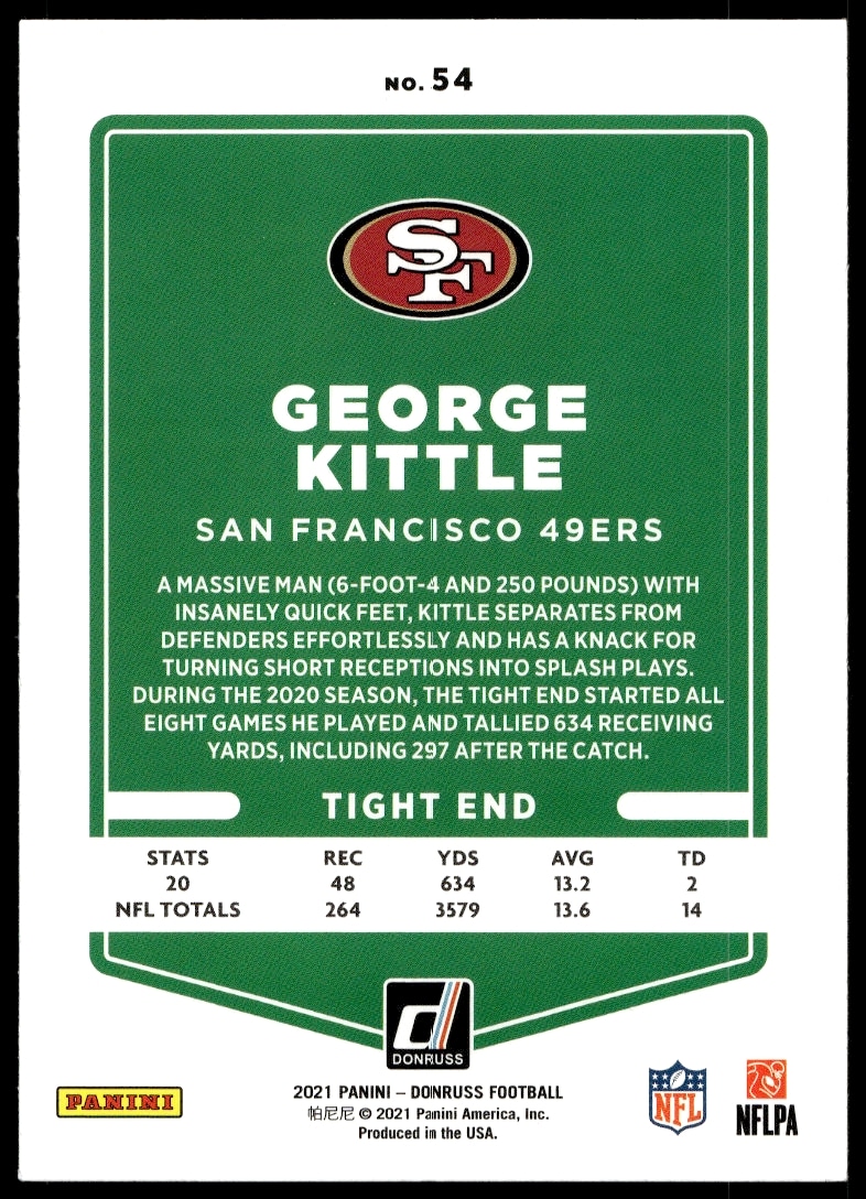 Back of 2021 Donruss George Kittle card #54 featuring stats and biographical details.