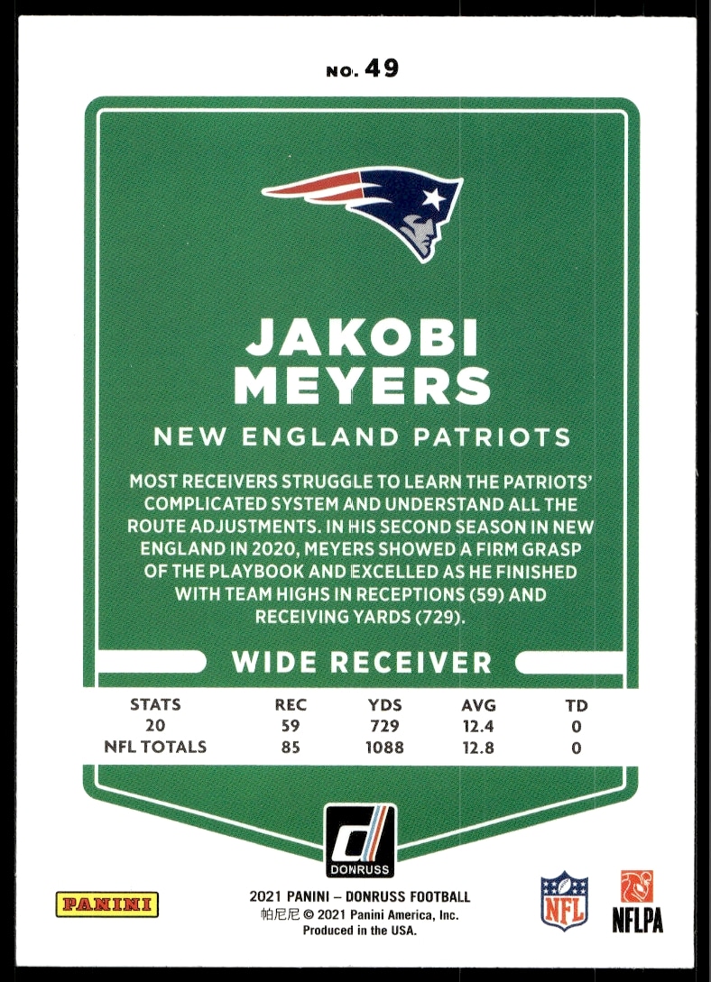 Back of 2021 Donruss Jakobi Meyers card (#49) displaying stats and career highlights.