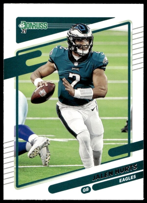 Jalen Hurts 2021 Donruss #108 football card, featuring Eagles quarterback in action.