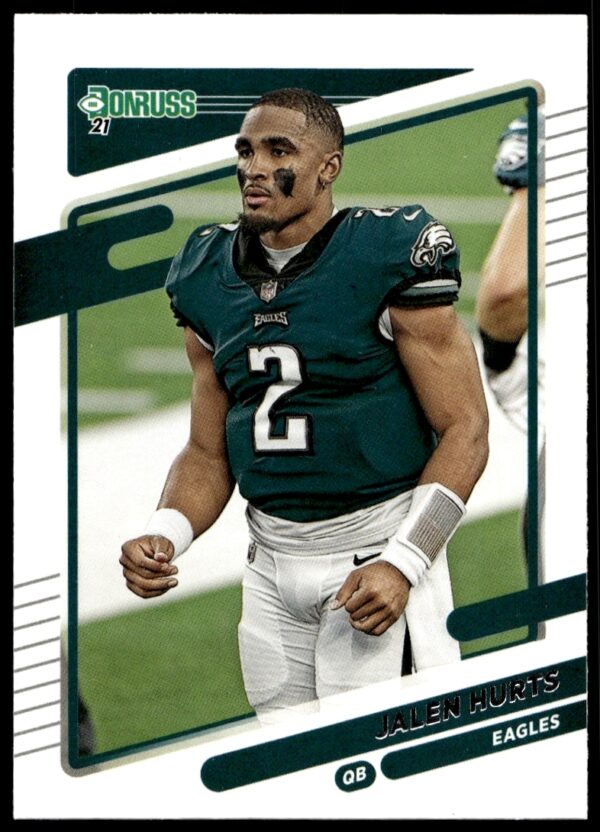 Jalen Hurts 2021 Donruss card #108, helmetless, football trading card front view.