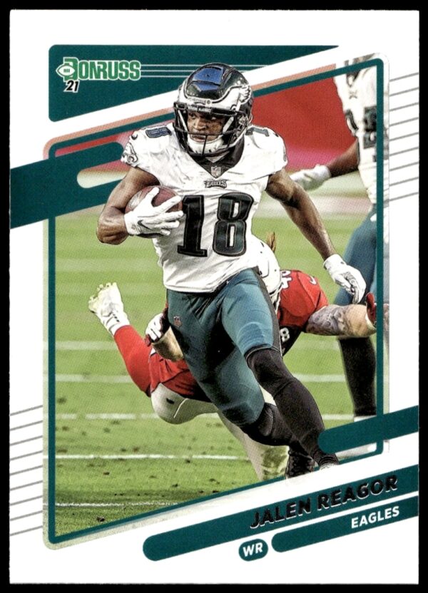 2021 Donruss Jalen Reagor Football Card #112, dynamic athletic pose, iconic trading card.