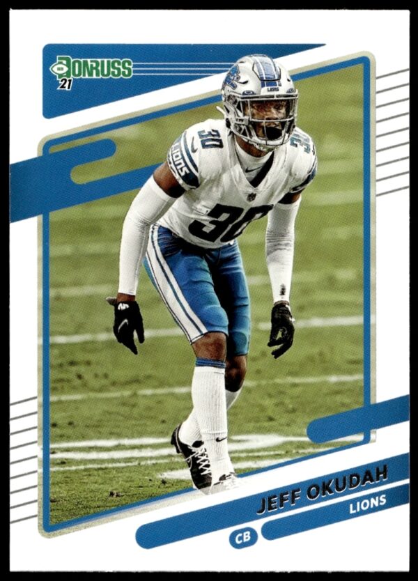 Jeff Okudah in Detroit Lions uniform on 2021 Donruss #172 football card.