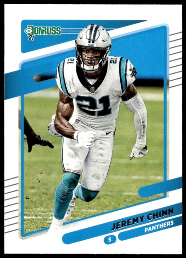 Front view of 2021 Donruss Football Card #221 featuring Jeremy Chinn in action.