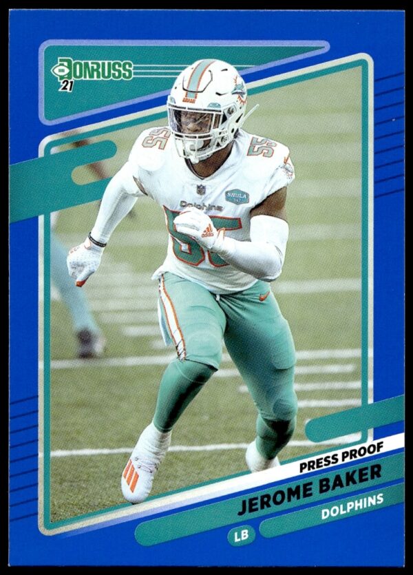 Jerome Baker 2021 Donruss Blue Press Proof Card #67 featuring dynamic backdrop and football gear.
