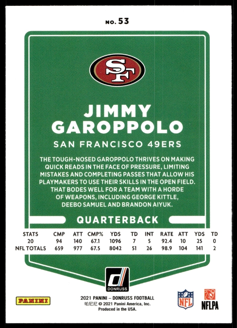 Back of 2021 Donruss Jimmy Garoppolo #53 card, featuring player stats and career highlights.