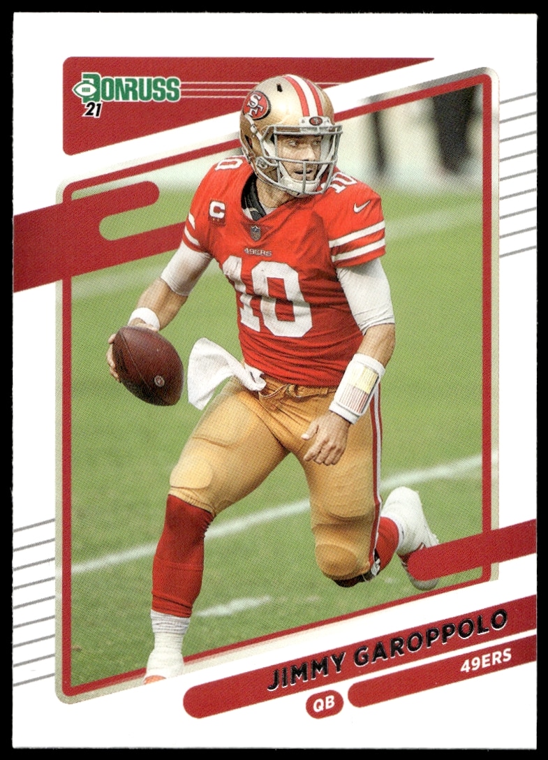 Front view of 2021 Donruss Jimmy Garoppolo trading card #53 displaying NFL action.