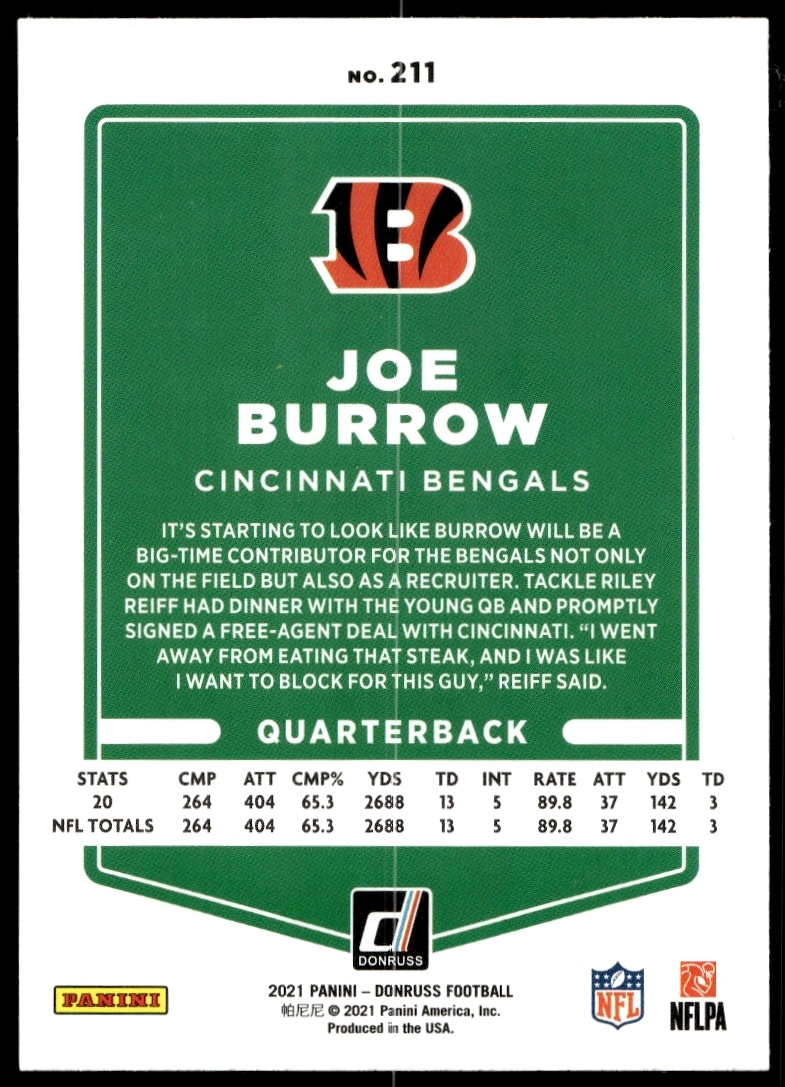 Back of 2021 Donruss Joe Burrow card #211 featuring stats and career highlights.