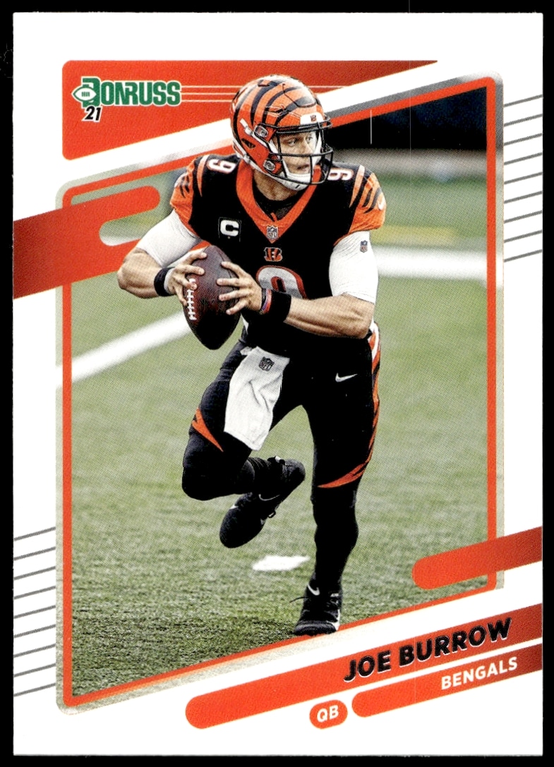 2021 Donruss Joe Burrow football card #211 featuring Bengals QB in action.