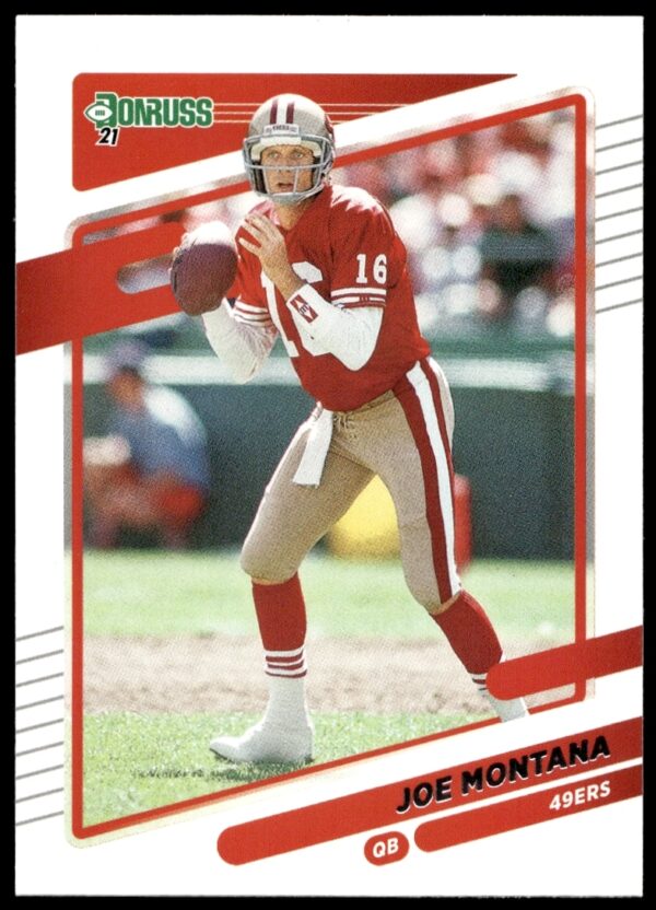 Joe Montana 2021 Donruss Football Card #57 Front, showing iconic quarterback in action.