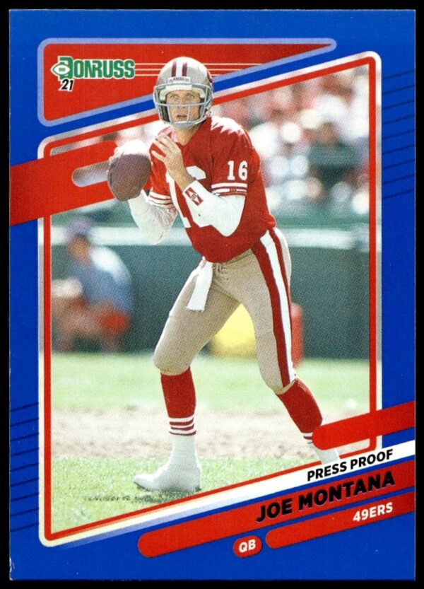 Joe Montana 2021 Donruss Red Press Proof Card #57 features iconic 49ers uniform.