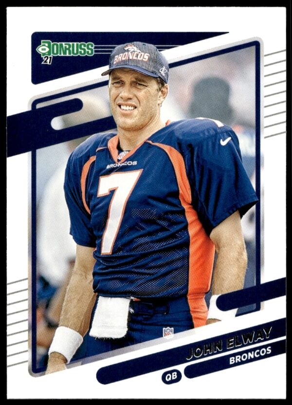 2021 Donruss John Elway Card, No Helmet #180, NFL Legend Front View.