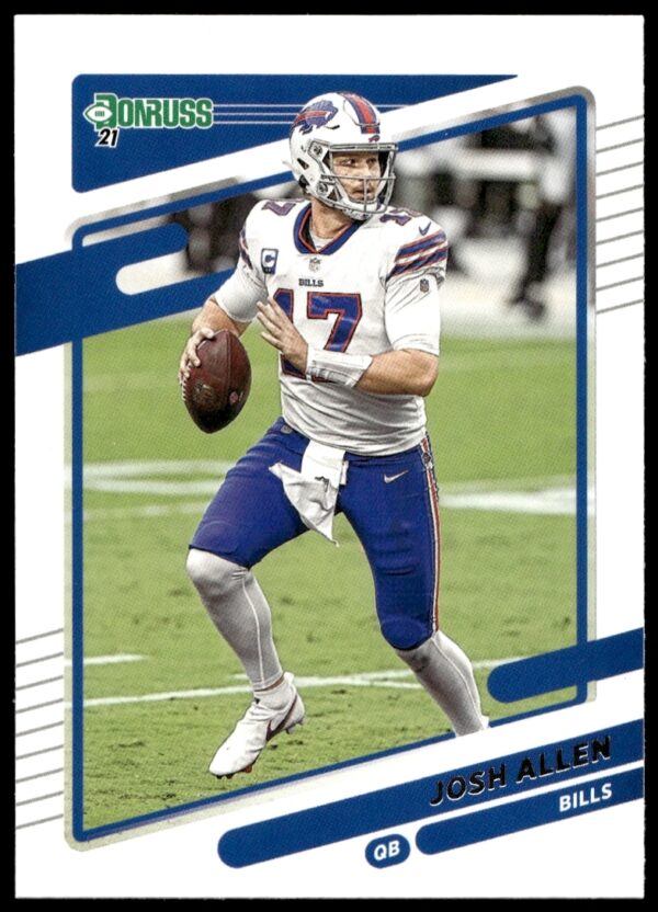 Josh Allen 2021 Donruss Card, Buffalo Bills QB, dynamic pose, blue jersey, card #225.
