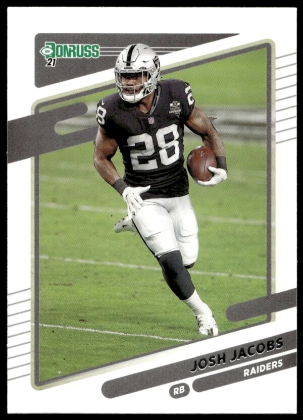 Front of 2021 Donruss Josh Jacobs football card #85, featuring action shot of Raiders player.
