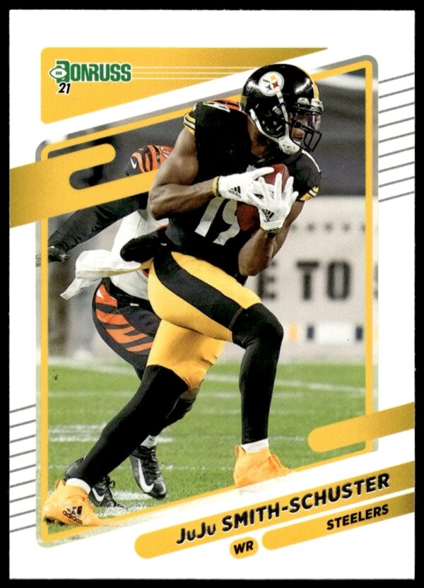 Front view of 2021 Donruss JuJu Smith-Schuster football card, featuring action shot.