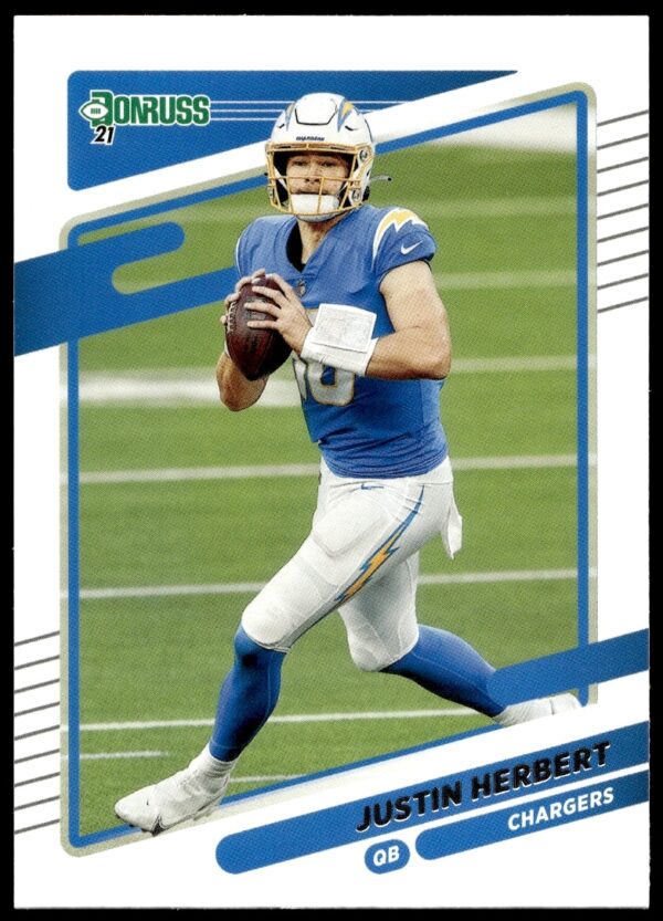 Justin Herbert 2021 Donruss card #70 front view, showcases Chargers quarterback in action.