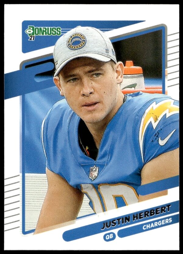 2021 Donruss No Helmet Justin Herbert Card #70, featuring quarterback in casual pose.