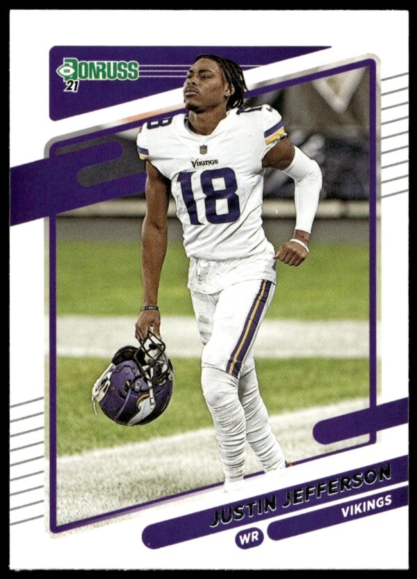2021 Donruss Justin Jefferson Trading Card #127, Helmetless Game Pose, Front Side.