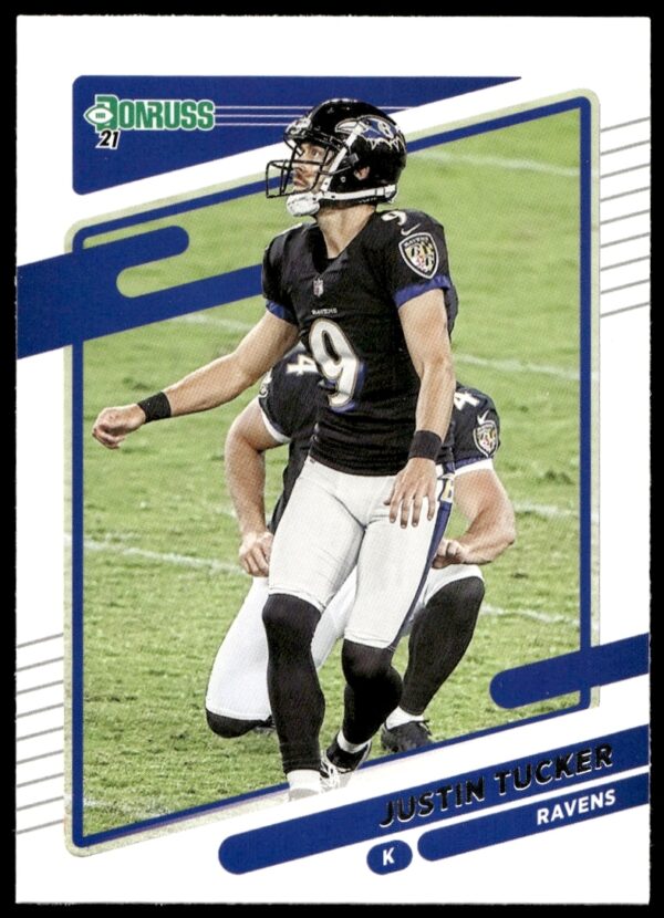 Justin Tucker 2021 Donruss Football Card #240 Front - Baltimore Ravens Kicker in Action.