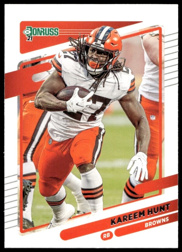Front of 2021 Donruss Kareem Hunt football card #197, Cleveland Browns.