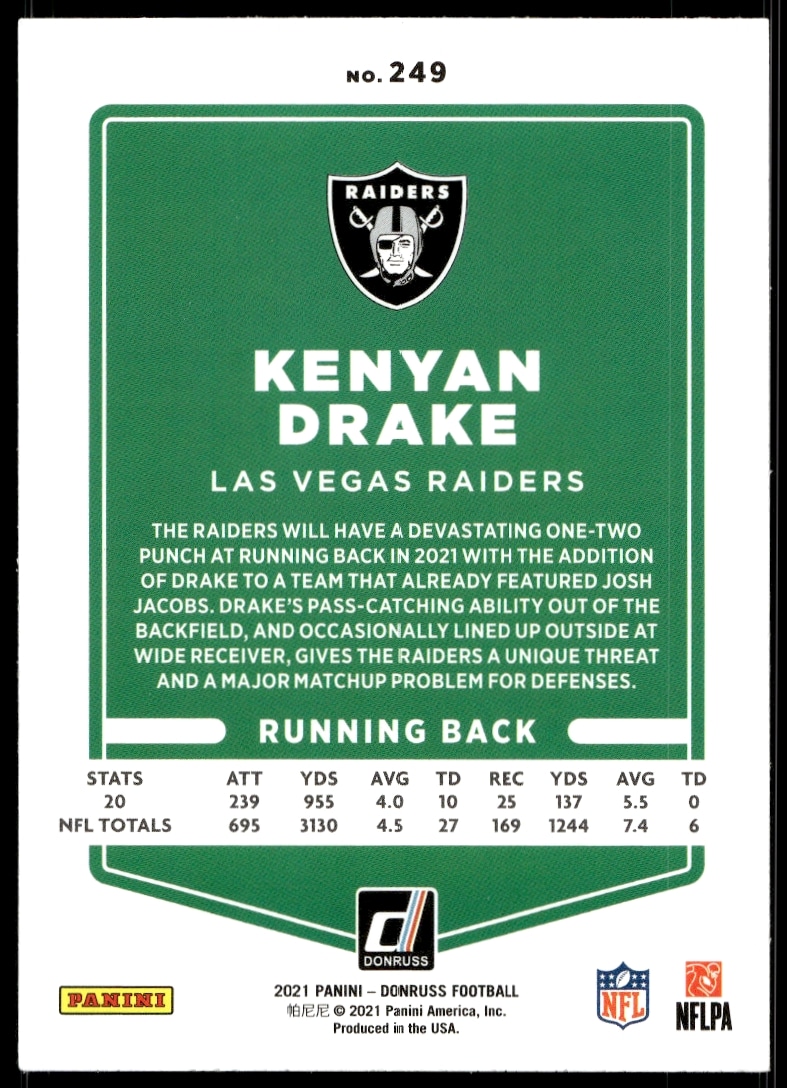 Back view of 2021 Donruss card #249 featuring Kenyan Drake, including stats and highlights.