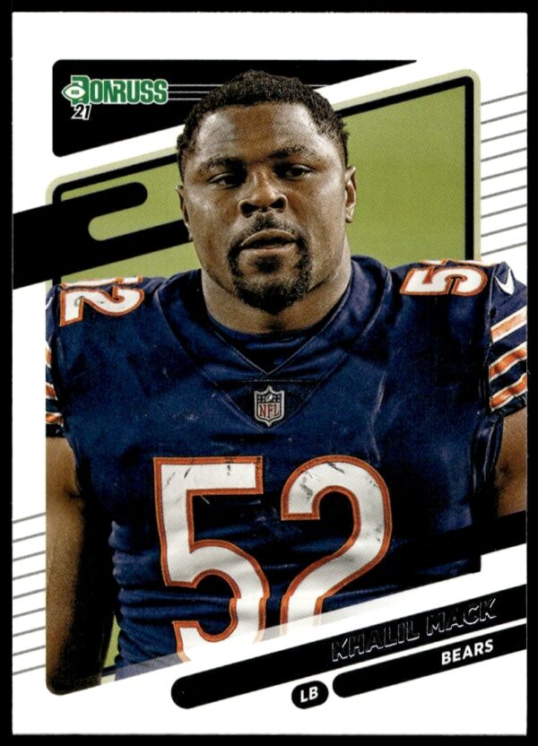 Khalil Mack 2021 Donruss card #203, featuring him without a helmet in action.