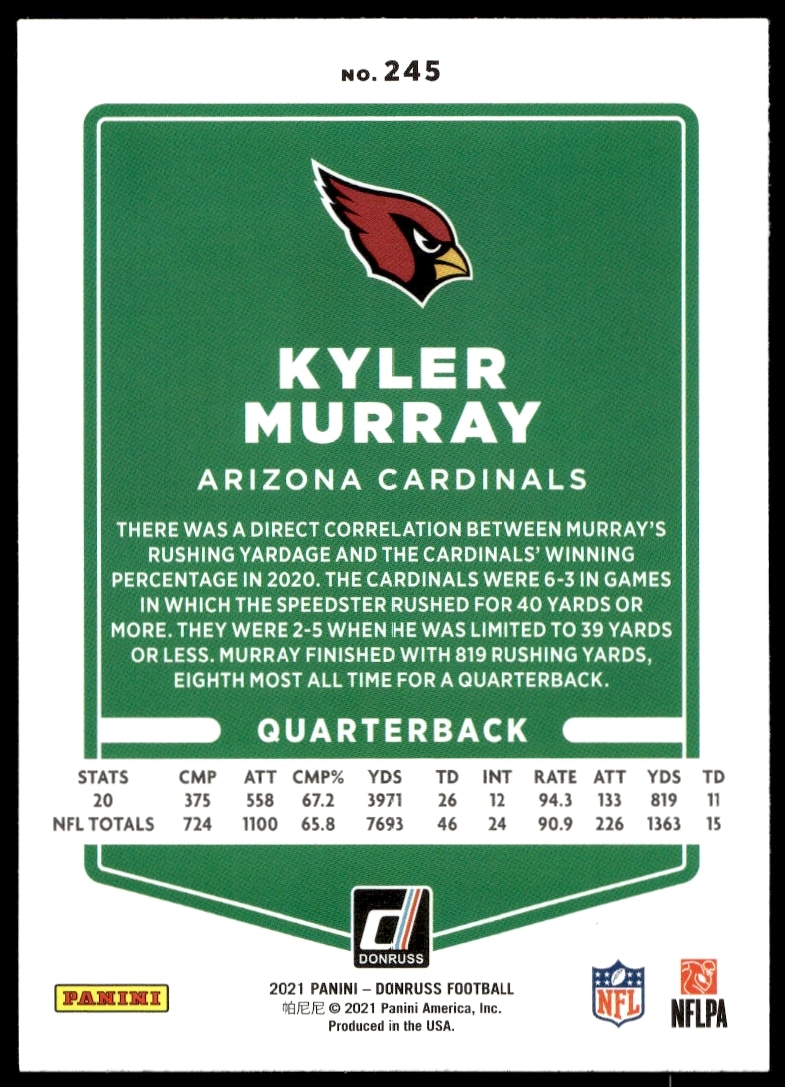 Kyler Murray 2021 Donruss card back showcasing stats and achievements, #245.
