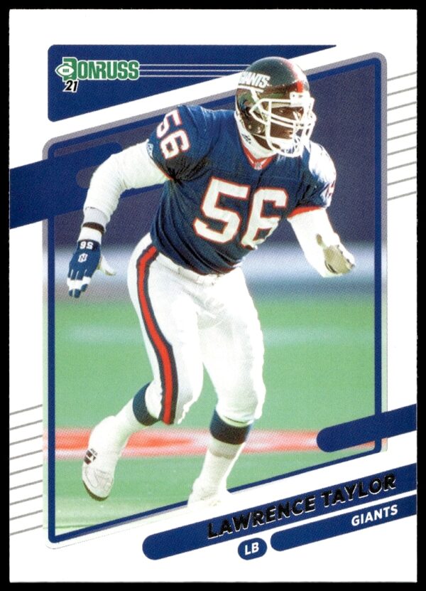 Lawrence Taylor 2021 Donruss football card #83, front view, dynamic pose, vivid colors.