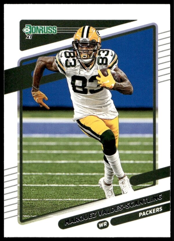 Marquez Valdes-Scantling, 2021 Donruss card #160, Green Bay Packers wide receiver in action.