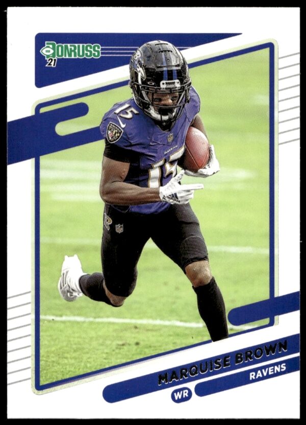 Front of 2021 Donruss Marquise Brown football card #241 featuring NFL player in action.