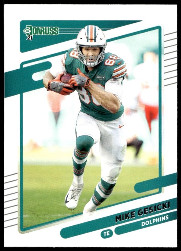 Mike Gesicki 2021 Donruss Football Card #64 showing Miami Dolphins tight end in action.