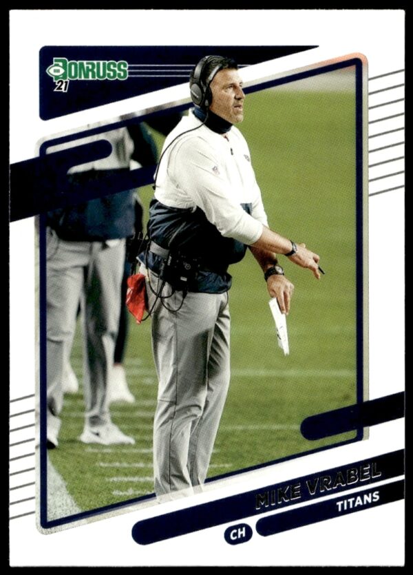 Mike Vrabel football card showcasing dynamic action and stats, 2021 Donruss #12 (Front).