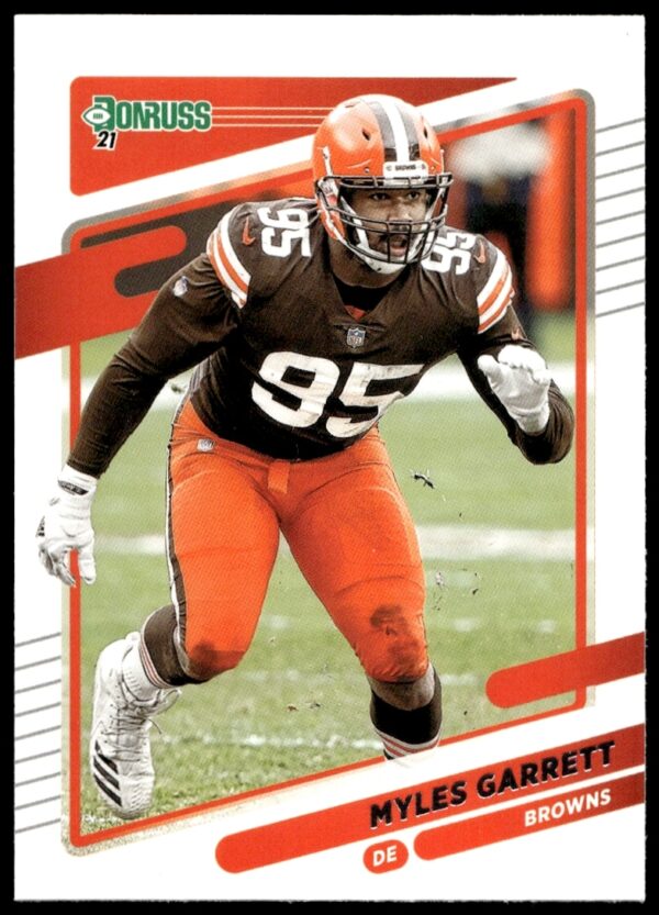 Myles Garrett 2021 Donruss card #199 featuring Browns star in action (front view).
