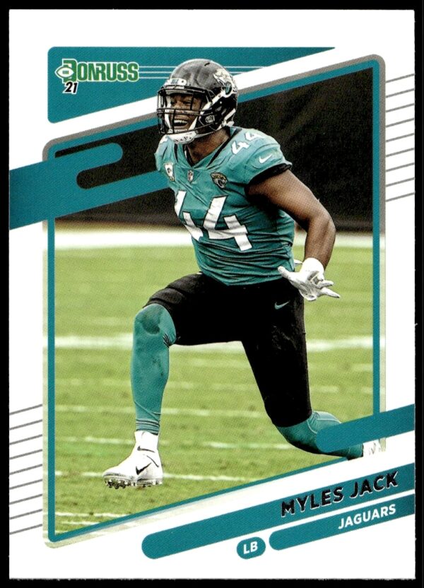 Front view of 2021 Donruss Myles Jack football card #138 in action jersey.