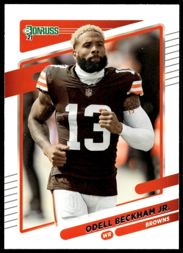 Odell Beckham Jr. 2021 Donruss football card, no helmet, #198, highlighting athletic focus.