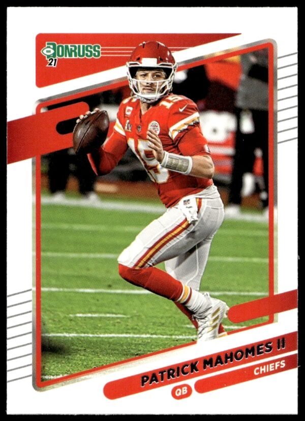 Patrick Mahomes 2021 Donruss card, Kansas City Chiefs QB action shot, #116 front side.