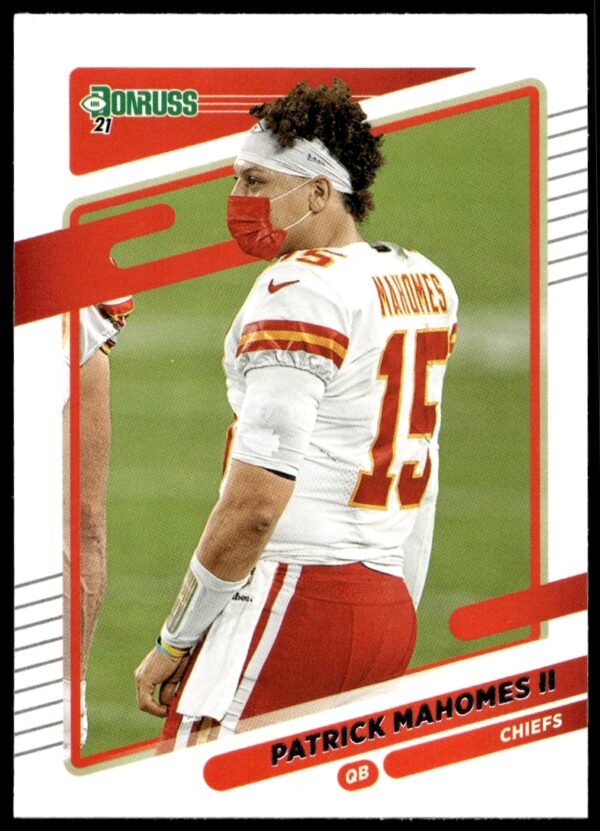2021 Donruss card of Patrick Mahomes without helmet, showcasing his confident expression, card #116.