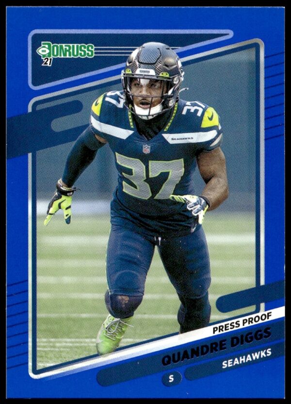 Quandre Diggs 2021 Donruss Press Proof Blue football card, front view, Seattle Seahawks, #33.