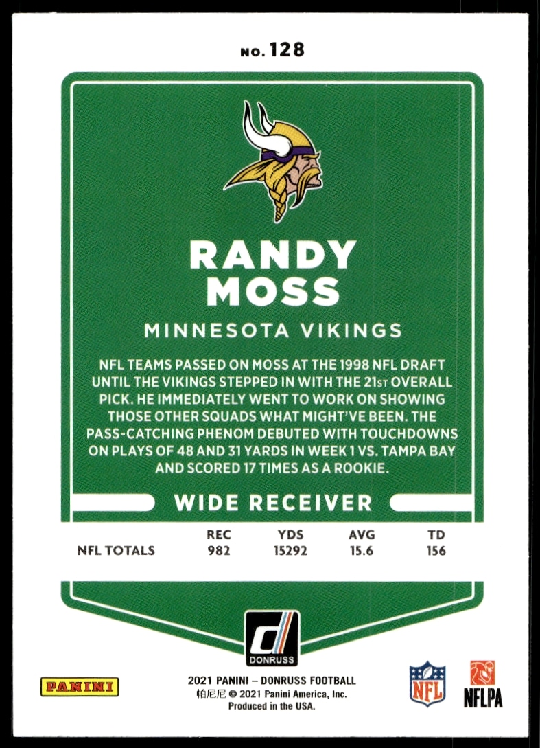 Back of 2021 Donruss Randy Moss card, no helmet design, career stats included.