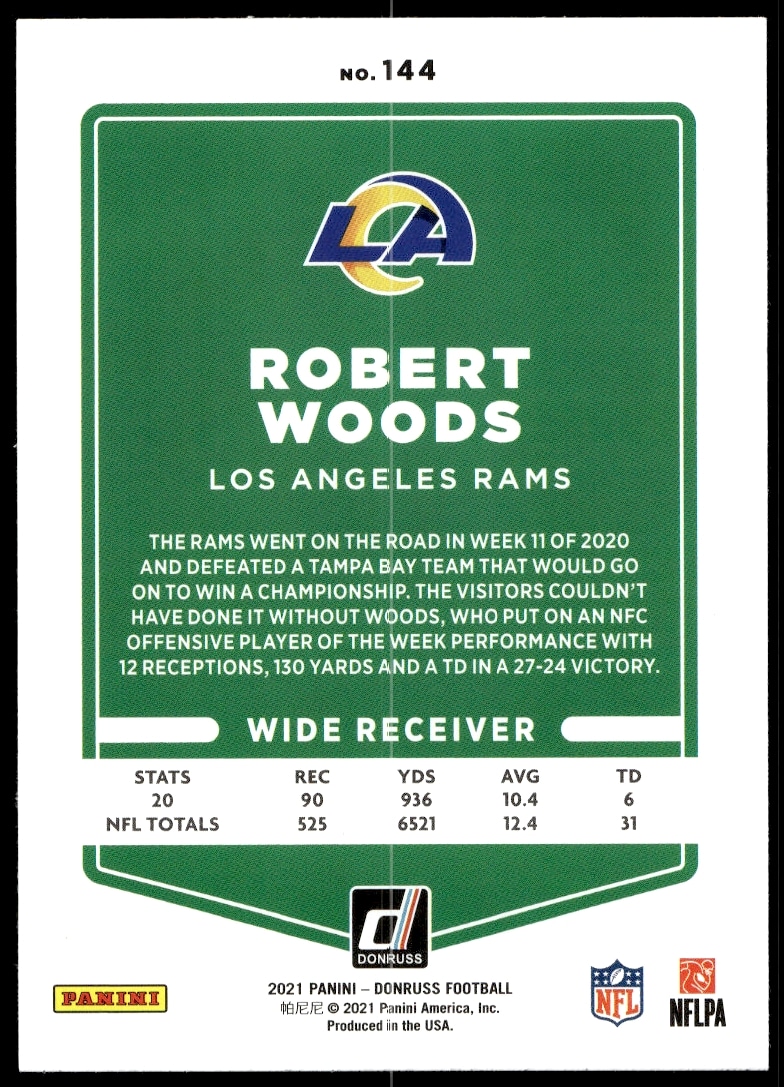 Robert Woods 2021 Donruss card back, #144, career stats and team details.