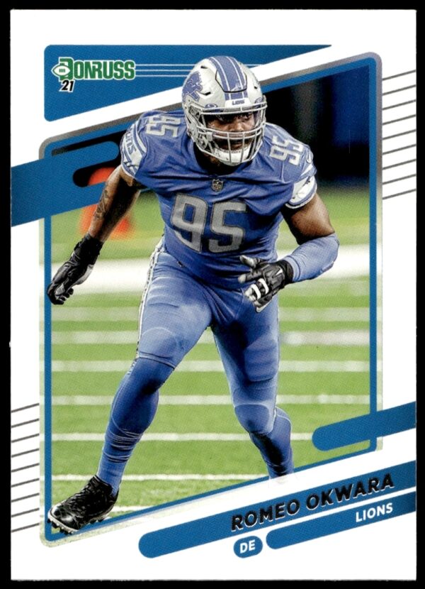 2021 Donruss Football Card #178: Romeo Okwara in action, Detroit Lions uniform.